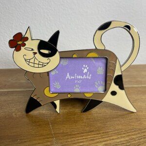 Animals Enamel Metal Multicolor Funny Cat Smiling Picture Frame 3" x 2"